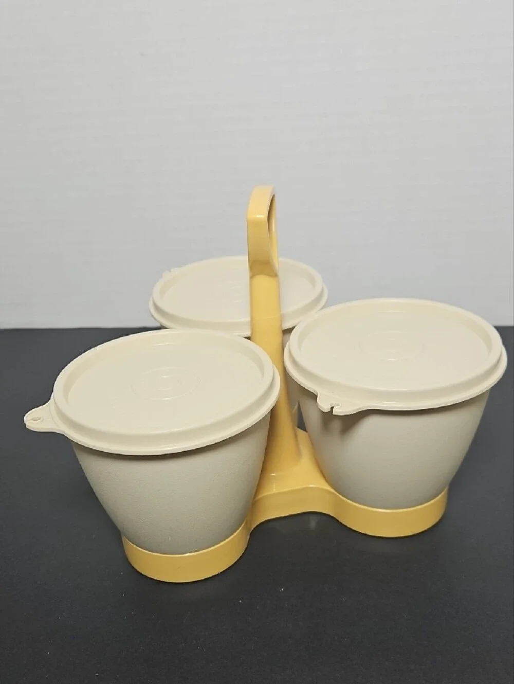 Vintage Tupperware Almond and Harvest Gold Condiment Caddy Set (model 757)
